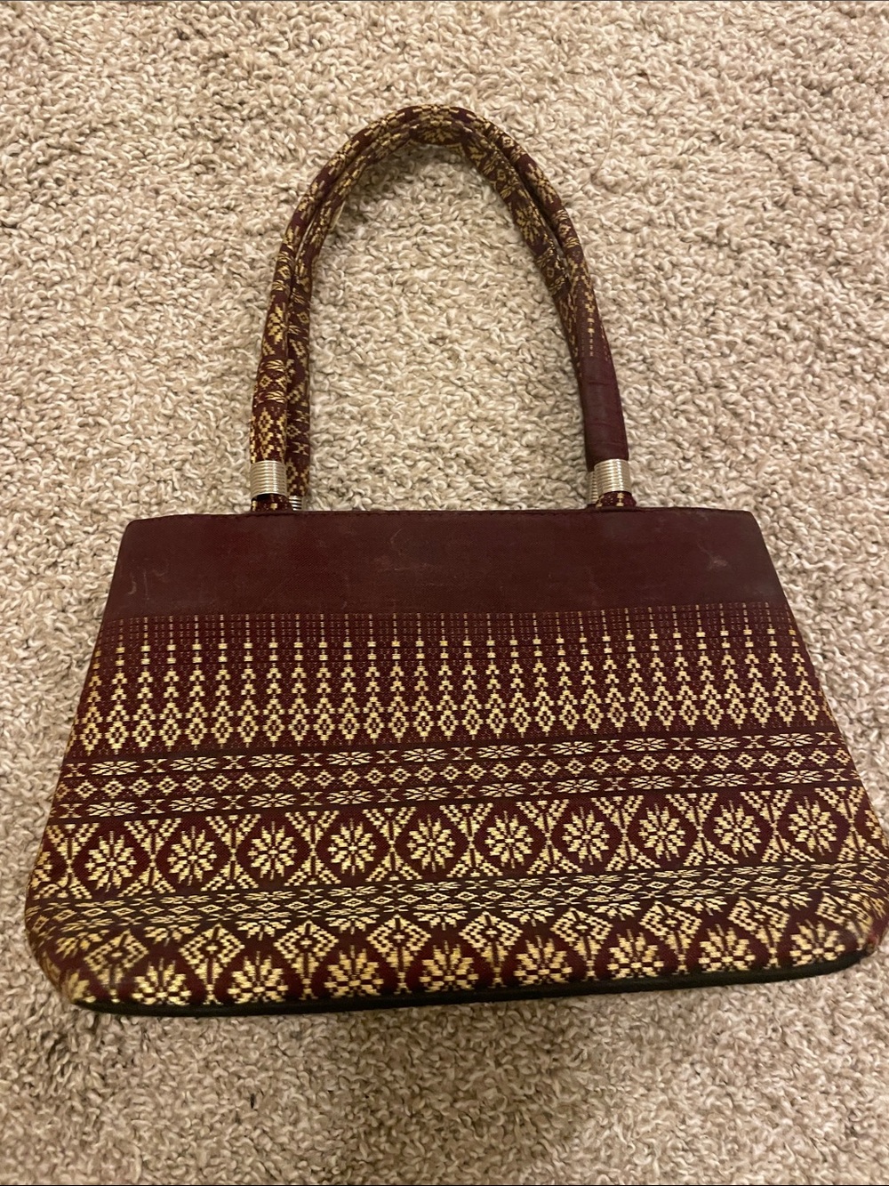 Elegant Maroon and Gold Patterned Women’s Handbag